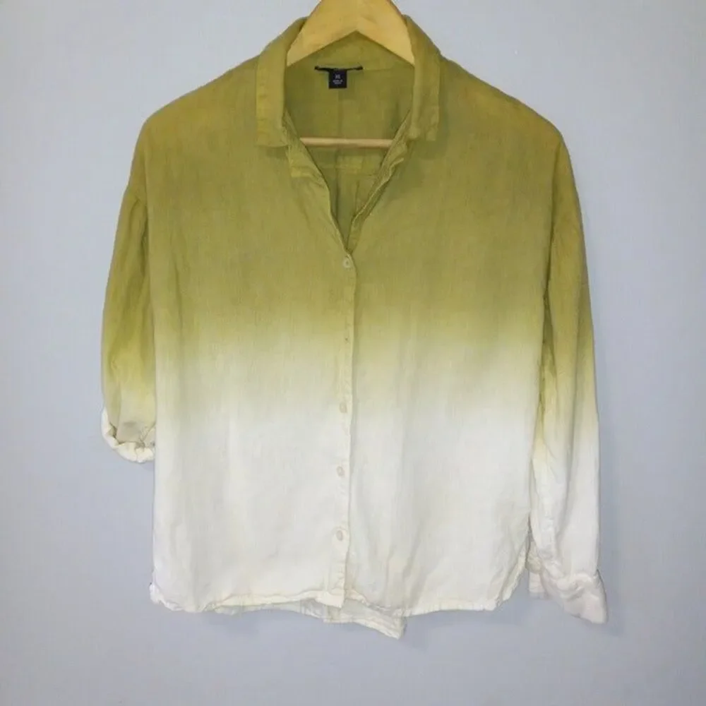 J Jason Wu X-Small Dip Dye Button Front Blouse-Linen Blend-Ombre-Roll Tab Sleeve